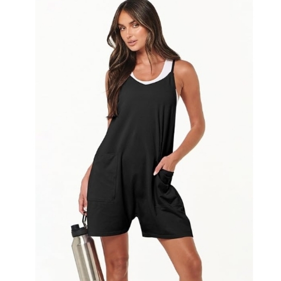Rompers Casual Loose Sleeveless Overalls Spaghetti Strap Jumpsuit Black - Picture 5 of 6